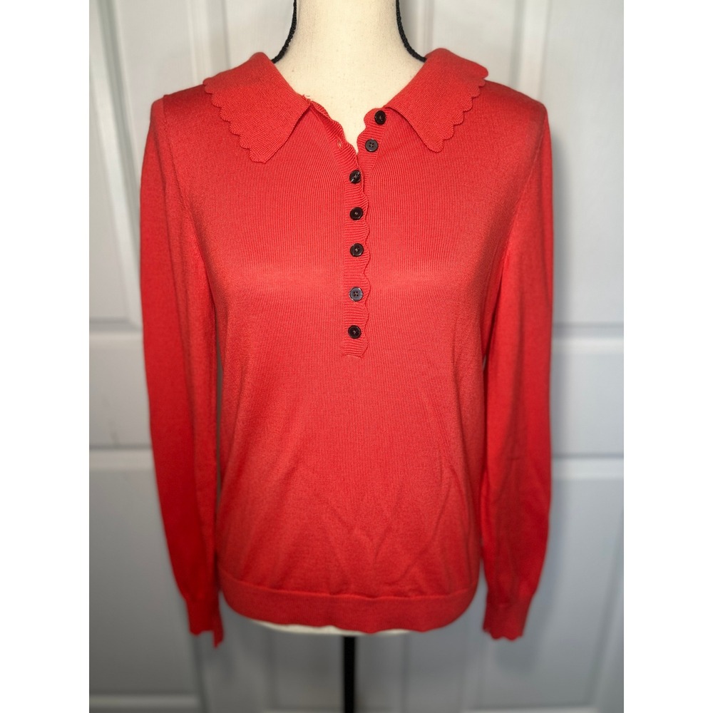 Boden Coral Red Wool Henley Sweater‎ Scalloped Collar Button Knit US 6